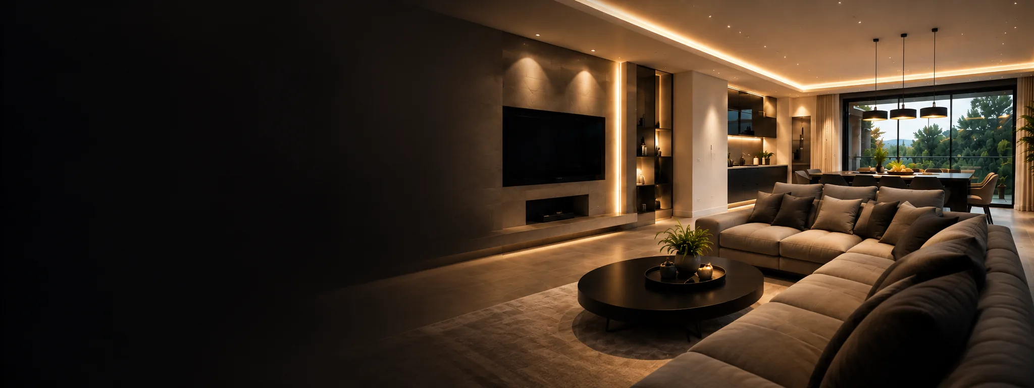 Séjour aménagé : faux plafond avec éclairage indirect, cloison habillée et niches sur mesure